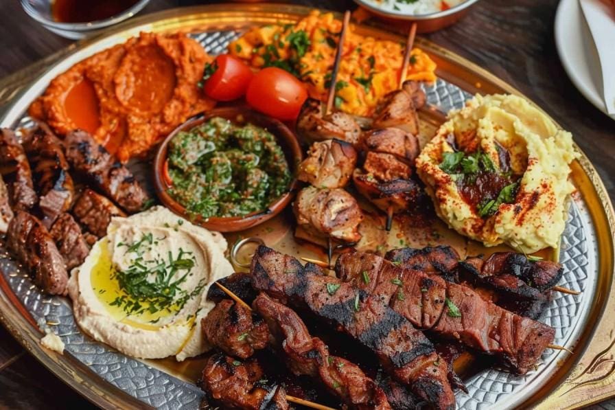 Mixed grill platter with hummus and muhammara at Aroos Damascus