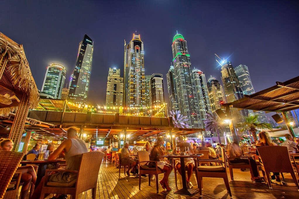 Barasti Beach Bar in Dubai Marina at night. 