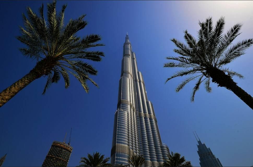 View of the Burj Khalifa against the clear, sunny sky
